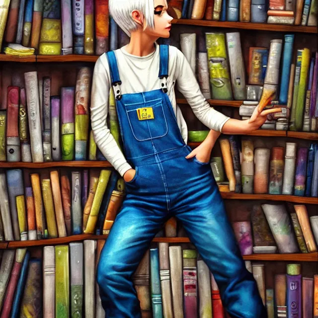 Image similar to full body pose, beautiful adult book fairy, pixar, short white hair shaved sides, dirty, grungy, grunge, long sleeve, painted overalls, stacks of giant books, highly detailed, 4 k, hdr, smooth, sharp focus, high resolution, award - winning photo, artgerm, photorealistic