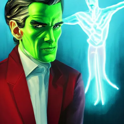 Image similar to portrait of a confident skinny dark haired man with a scar across his left eye wearing a red suit as an evil crime boss, high detail, concept art, neon color, vivid color, floating particles, glowing green eyes, background by john harris + roger dean, artwork by charlie bowater + artgerm + anato finnstark