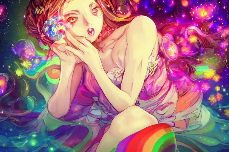 Image similar to psychedelic, full body, whimsical, anime, 4k, beautiful lusty woman blowing smoke, with professional makeup, long trippy hair, a crystal and flower dress, sitting in a reflective pool, surrounded by gems, underneath the stars, rainbow fireflies, trending on patreon, deviantart, twitter, artstation, volumetric lighting, heavy contrast, art style of Ross Tran and Miho Hirano and Ilya Kuvshinov