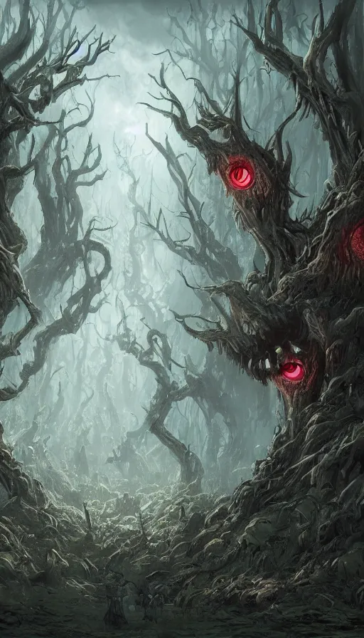 Image similar to a storm vortex made of many demonic eyes and teeth over a forest, by disney concept artists