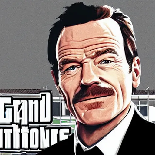 Prompt: bryan cranston in the style of grand theft auto cover art