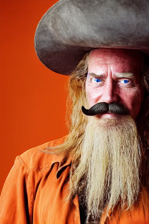 Prompt: hd photograph of cowboy sherrif resembling yosemite sam with huge hat, huge mustache, orange colors