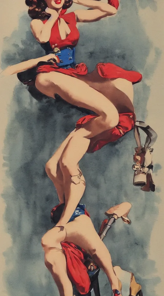 Image similar to a portrait one full body pin up post war dressing a military unioform,water color, Gil Elvgren style