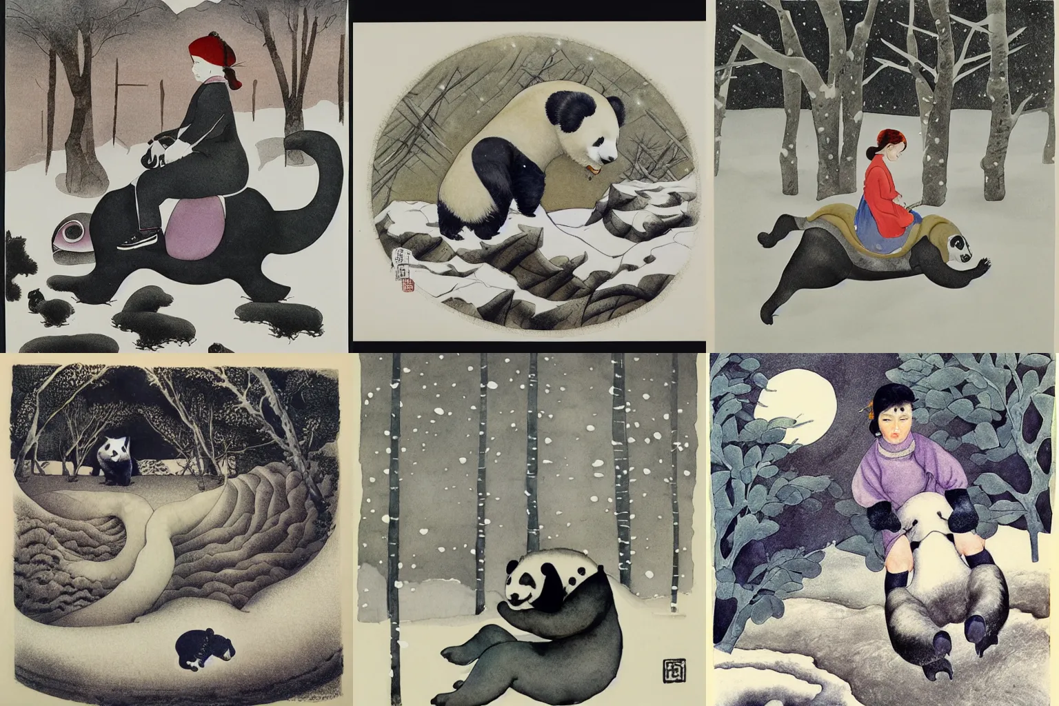 Prompt: girl ((riding a panda in a snowy field)), watercolors, lithograph, ink, m.c. escher, moebius