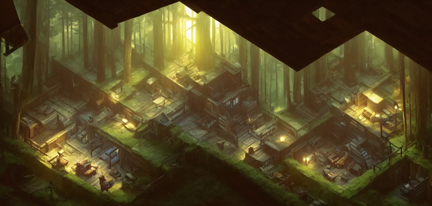 Image similar to concept art of an inside of a cabin in the woods, isometric view, detailed, volumetric lighting, style of greg rutkowski