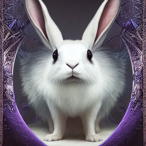 Prompt: tom bagshaw, soft painting fractal curiosities carnival, very beautiful female rabbit hybrid in full ornated nightshade fur armor, partial symmetry accurate features, focus, very intricate ultrafine details, black white purple volumetric clouds, award winning masterpiece, octane render 8 k hd