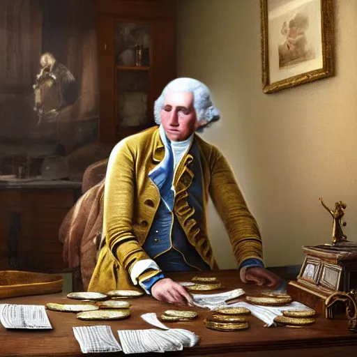 Image similar to a closeup photorealistic photograph of a happy George Washington inspecting small gold Doubloon coins at his home on Cherry Street. This 4K HD image is Trending on Artstation, featured on Behance, well-rendered, extra crisp, features intricate detail and the style of Unreal Engine.