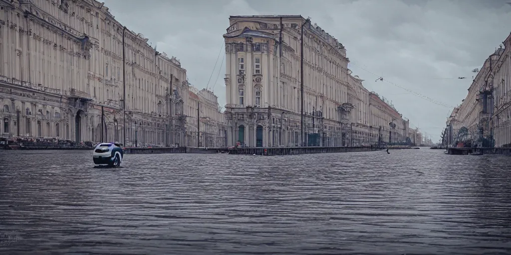 Prompt: cinematic street shot of a floating hoverboarding city saint petersburg city, telephoto, anamorphic cinematography, beautiful composition, color theory, leading lines, photorealistic, moody volumetric lighting