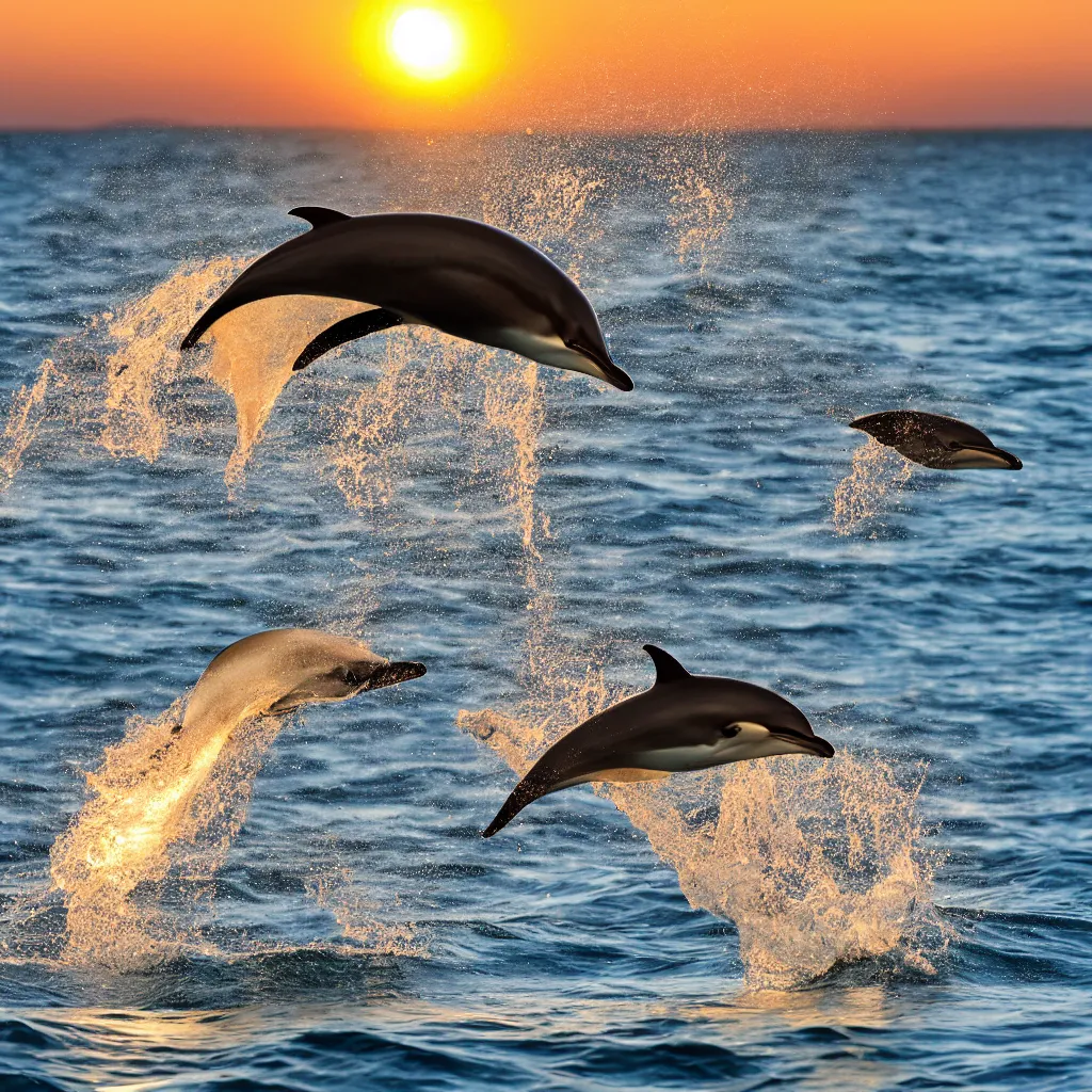 Prompt: majestic common dolphin leaping above a wave, golden hour, realistic photo