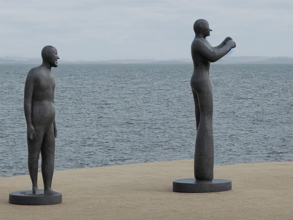 Prompt: duck duck goose giant statue standing pose by dieter rams at cloudy shore