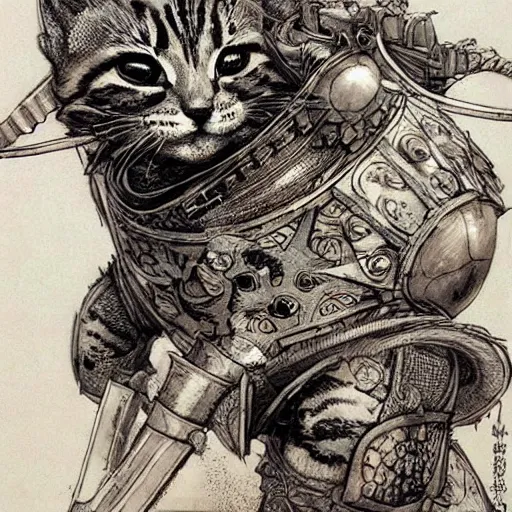 Image similar to Kitten with armor made of pizza, pen and ink, intricate line drawings, by Yoshitaka Amano, Ruan Jia, Kentaro Miura, Artgerm, detailed, trending on artstation, hd, masterpiece,