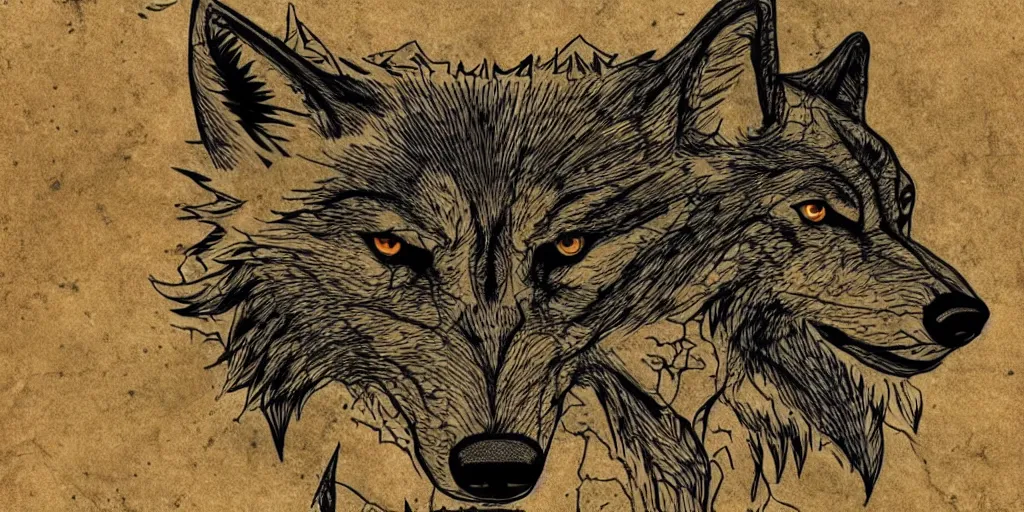 Prompt: face of a wolf in the style of a medieval fantasy map, mountains, forests. Skyrim, Lord of the Rings map, Zelda Breath of the Wild map, drawing on parchment