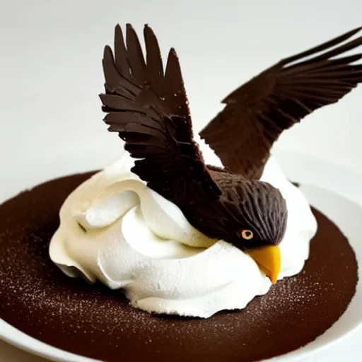 Prompt: A bald eagle made of chocolate powder, mango, and whipped cream.