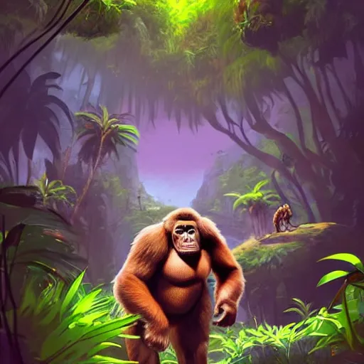 Image similar to swagger! gorilla living large in the jungle by tyler edlin, bold colors, detailed, incredible lighting, great composition, artstation