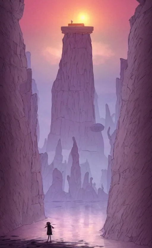 Image similar to a realistic cell - shaded studio ghibli concept art from paprika ( 2 0 0 6 ) of a flying multi - colored cube android from close encounters of the third kind ( 1 9 7 7 ) in a flooded monument valley stonehenge jungle on a misty starry night. very dull colors, wide shot, hd, 4 k, hq