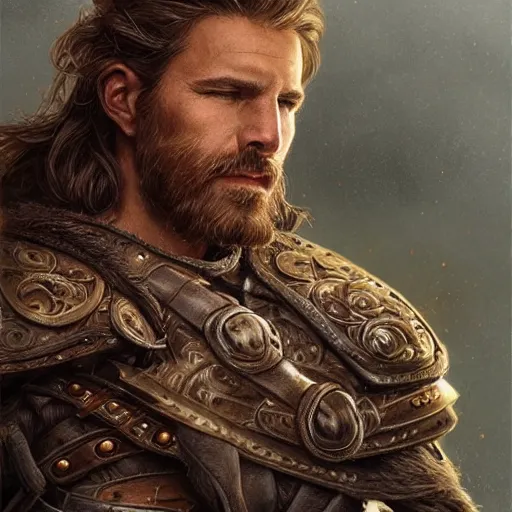 Image similar to portrait of a ruggedly handsome paladin, soft hair, muscular, half body, leather, hairy, d & d, fantasy, intricate armor, elegant, highly detailed, digital painting, artstation, concept art, smooth, sharp focus, illustration, art by artgerm and greg rutkowski and alphonse mucha