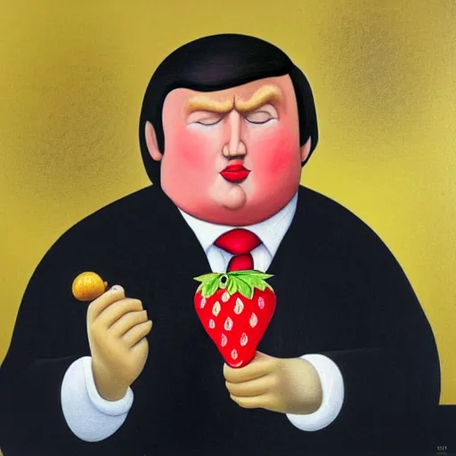 Prompt: a Fernando Botero portrait of Donald Trump holding a tiny strawberry ice cream cone