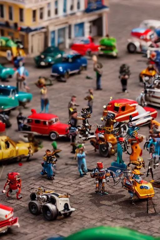 Image similar to high quality presentation photo of a a detailed miniature diorama of retro toy robots invading a detailed model of a 1950s town, photography 4k, f1.8 anamorphic, bokeh, 4k, Canon, Nikon