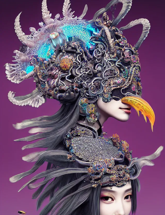 Image similar to 3 d goddess close - up profile portrait with crown, ram skull. beautiful intricately detailed punk japanese crow kitsune mask and clasical japanese kimono. betta fish, jellyfish phoenix, bio - luminescent, plasma, ice, water, wind, creature, artwork by tooth wu and wlop and beeple and greg rutkowski