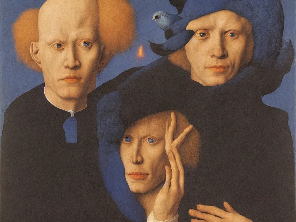 Prompt: Portrait of albino mystic with blue eyes, with flames. Painting by Jan van Eyck, Audubon, Rene Magritte, Agnes Pelton, Max Ernst, Walton Ford