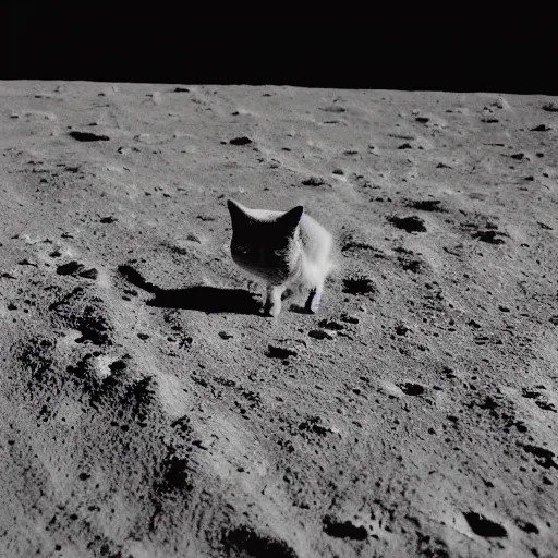 Image similar to a far away photo of a cat in a spacesuit designed for a cat walking on the surface of the moon, photorealistic