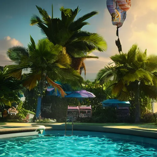 Image similar to pool party seraphine (League of Legends) starting into the caribbean horizon. hyperreal 3d octane render 8k