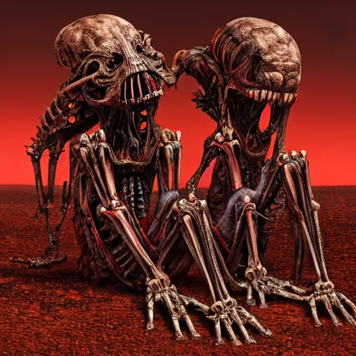 Image similar to conjoined demon twins sitting legs crossed in a desert hellscape covered in gore by Yoshitaka Amano, by HR Giger, biomechanical, 4k, hyper detailed, hyperrealism, anime, a Broken World demons flying overhead, red sky, blood and body parts, deviantart, artstation