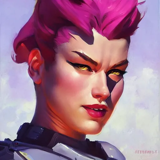 Image similar to greg manchess portrait of zarya from overwatch, medium shot, asymmetrical, profile picture, organic painting, sunny day, matte painting, bold shapes, hard edges, street art, trending on artstation, by huang guangjian and gil elvgren and sachin teng
