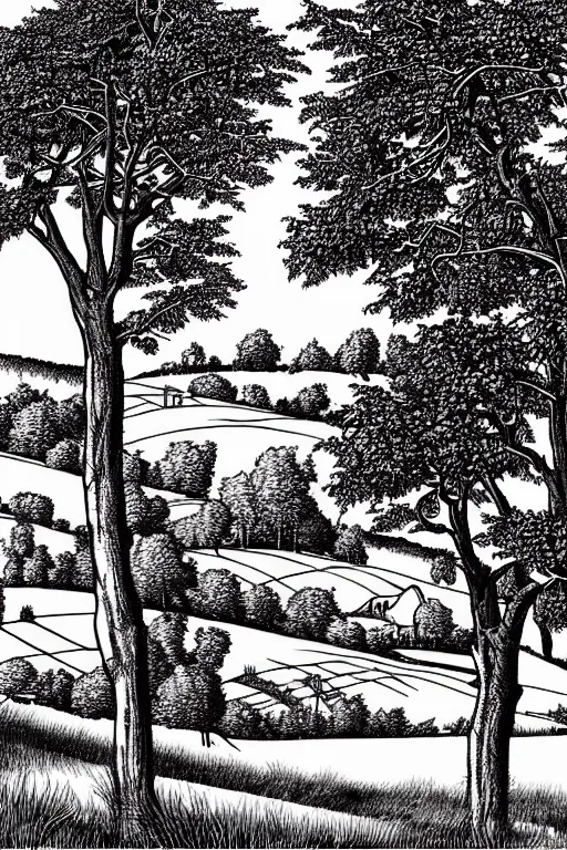 Image similar to realistic barn in pastoral field with trees and hills, art by james o barr and albrecht durer, expresionistic engraving, black and white, vector, vector art