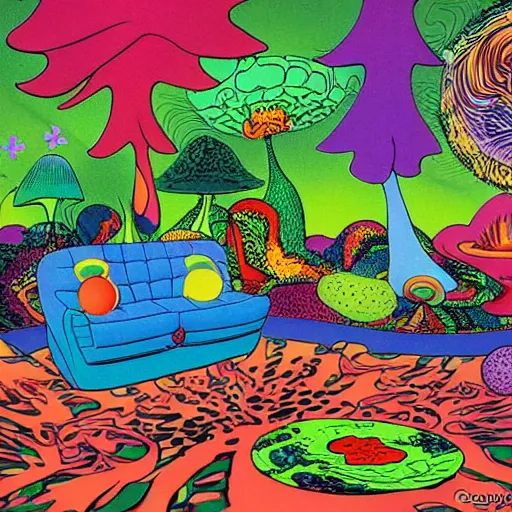 Image similar to psychedelic trippy couch in the lush forest, planets, flowers, mushrooms milky way, sofa, cartoon by carl barks