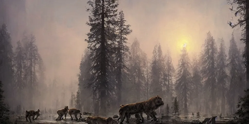 Image similar to bruins of magical ancient Slavic city of Kitezh in mist, magical glow, magic mist, strange buildings, oil painting, painting by Viktor Vasnetsov, concept art, fantasy cityscape, ancient Russian architecture, painting by Ivan Shishkin, hyperborea, high resolution, huge factories, trending on artstation, hyperrealism