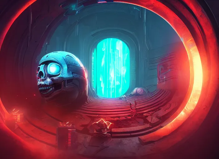 Prompt: a futuristic skull with glowing eyes and a wormhole tunnel, cyberpunk art by marc simonetti, behance contest winner, computer art, darksynth, synthwave, rendered in cinema 4 d