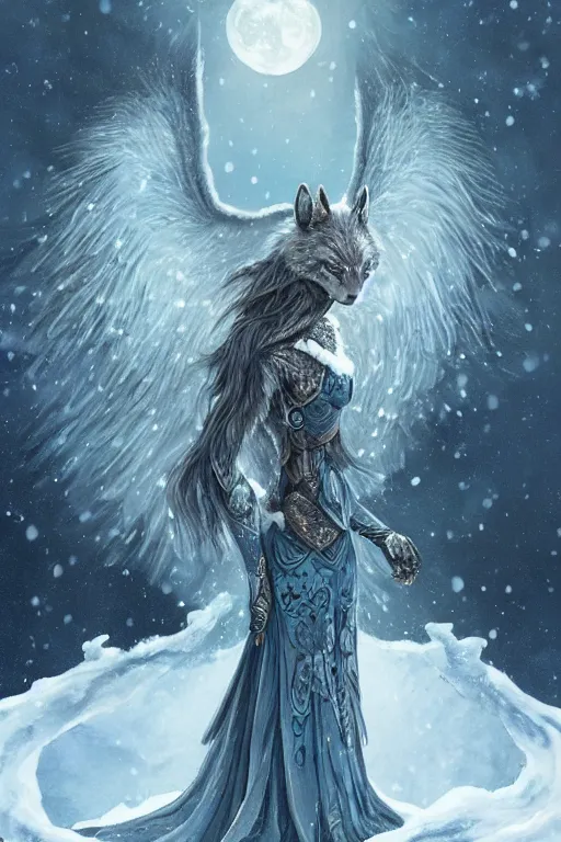 Image similar to blue wolf with wings, standing facing front, regal, elegant, winter, snow, moonlit, hd, illustration, epic, d & d, fantasy, intricate, elegant, highly detailed, digital painting, artstation, concept art, smooth, sharp focus, illustration, wallpaper, art by artgerm and greg rutkowski and alphonse mucha and jin xiaodi