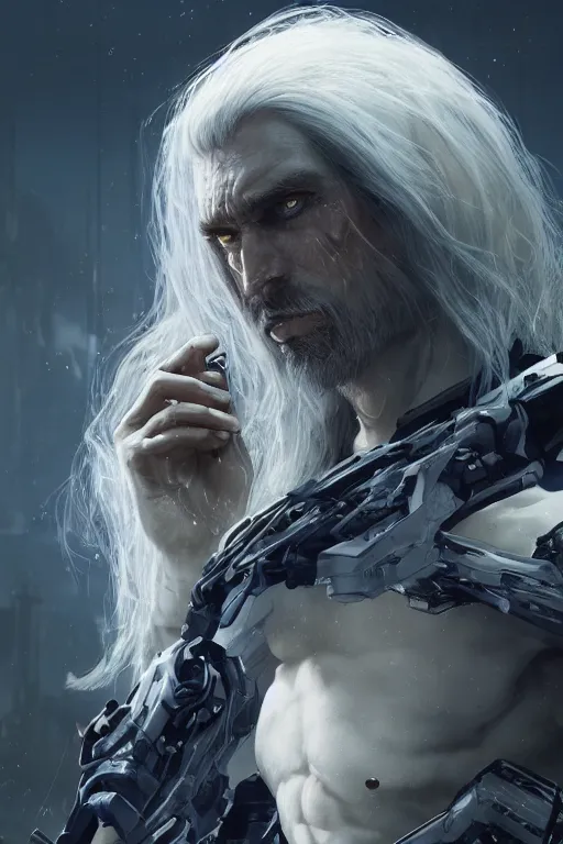 Prompt: a fancy portrait of a strong male cyborg with long white hair and pale skin with joints still visible by greg rutkowski, sung choi, mitchell mohrhauser, maciej kuciara, johnson ting, maxim verehin, peter konig, bloodborne, 8 k photorealistic, cinematic lighting, hd, high details, dramatic, dark atmosphere, trending on artstation