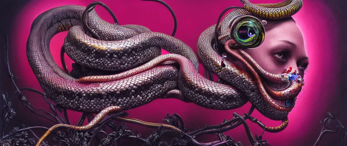 Prompt: hyperrealistic hyper detailed neo-surreal 35mm portrait of cyborg snake covered in gothic flowers matte painting concept art hannah yata dali very dramatic dark pink lighting low angle hd 8k sharp shallow depth of field