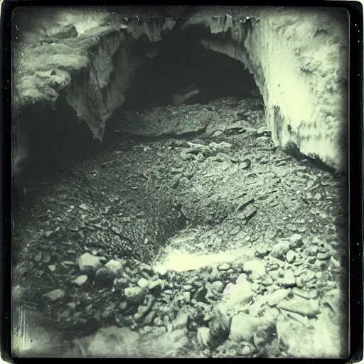 Image similar to a deep dark hole in the ground with rushing water at the bottom, creepy, eerie, unsettling, terrifying, jagged rocks, dark, old polaroid, expired film,