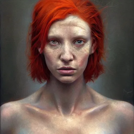 Prompt: a painting of a cyborg with red hair, a hyperrealistic painting, a character portrait by brad kunkle, by by odd nerdrum, featured on cg society, pre - raphaelitism, figurative art, pre - raphaelite, apocalypse art, dystopian art, digital painting