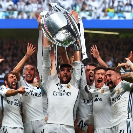 Image similar to real madrid fc team lifting a fax as a throphy