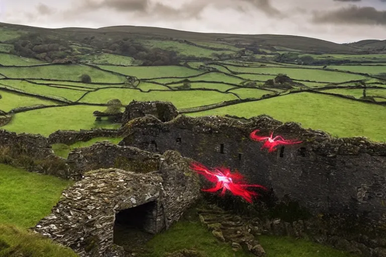 Prompt: welsh countryside with a red dragon flying over still from game of thrones