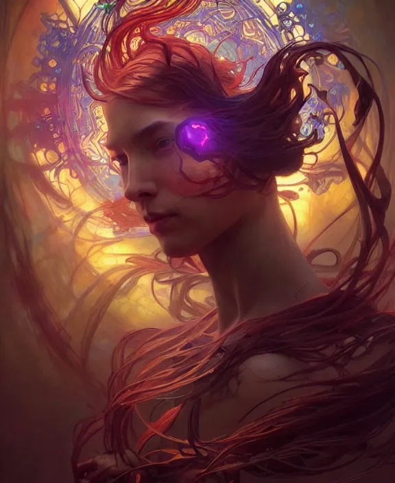 Image similar to a whirlwind of souls ushing inside the metaverse, half body, glowin eyes, d d, fantasy, intricate, elegant, highly detailed, colorful, vivid color, digital painting, artstation, concept art, art by artgerm and greg rutkowski and alphonse mucha and ruan jia