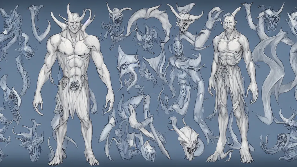 Image similar to a fantasy white and pale blue draconian demon with bright eyes character design sheet, trending on artstation