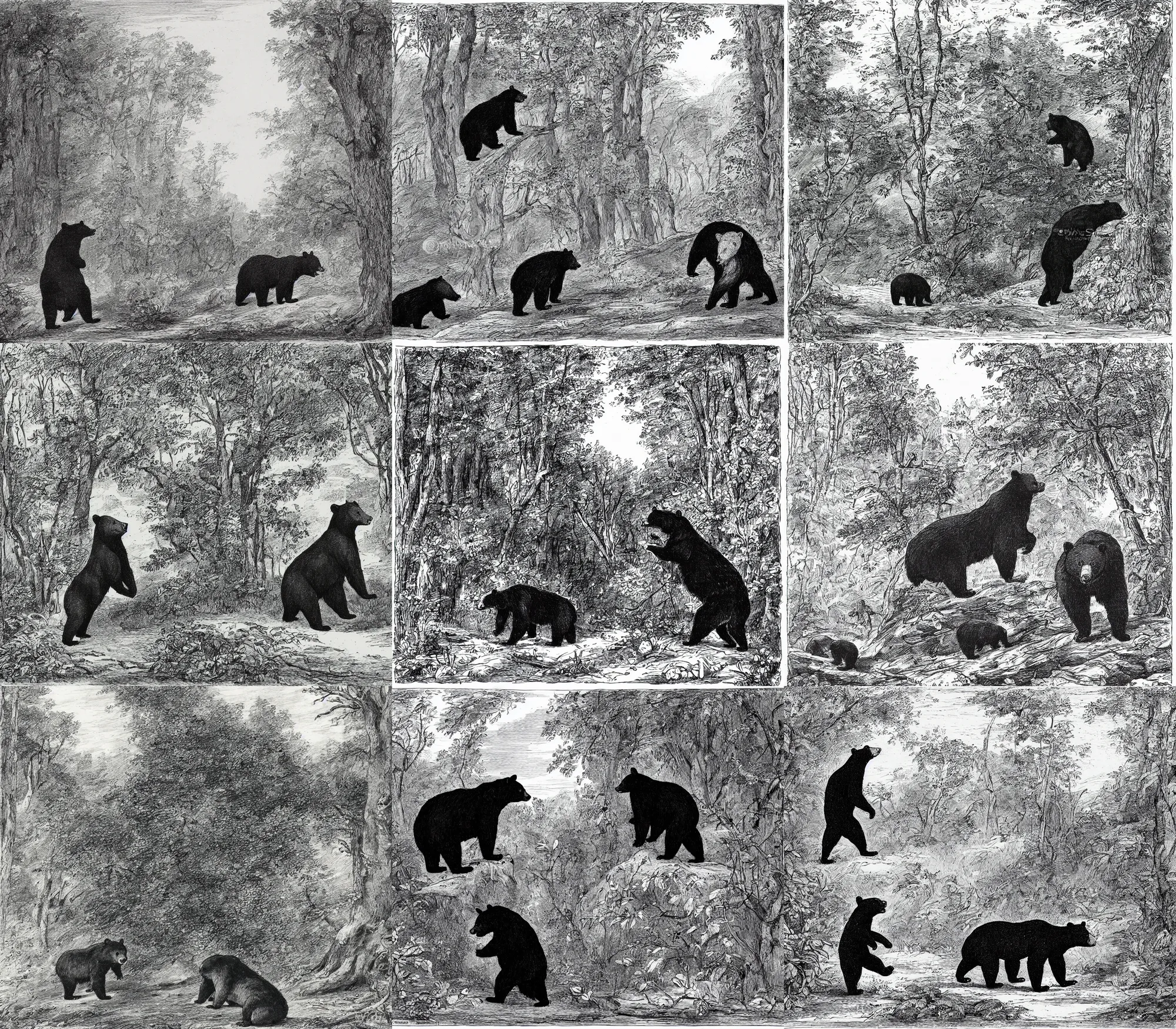 Prompt: one individual black bear in the forest, by Thomas Bewick, cartoon, black and white, line art, pen & ink drawing, character concept