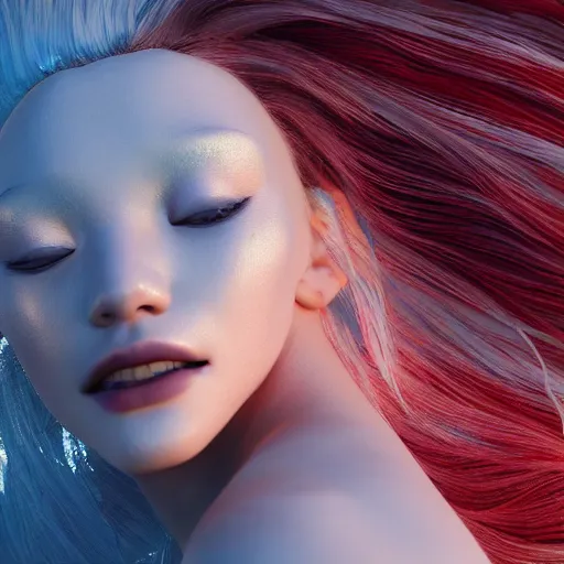 Prompt: albino Asian mermaid , unreal engine octane, red and white, portrait, gliter, depth of field, 8k, hyper detailed, intrin ate, trending on artstation