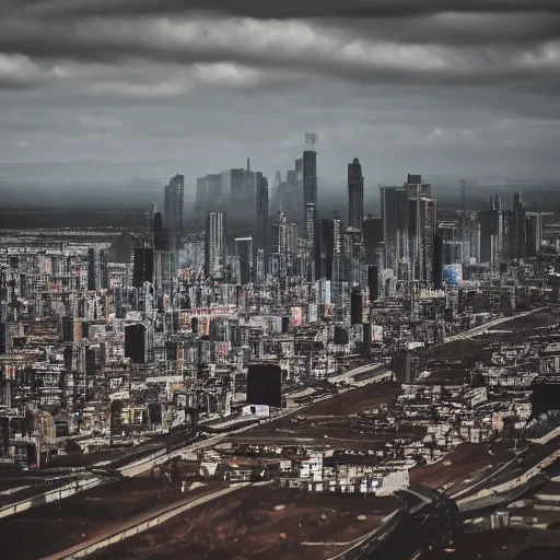 Image similar to Giant megacity looming across the landscape, dystopian, post apocalyptic, EOS-1D, f/1.4, ISO 200, 1/160s, 8K, RAW, unedited, symmetrical balance, in-frame