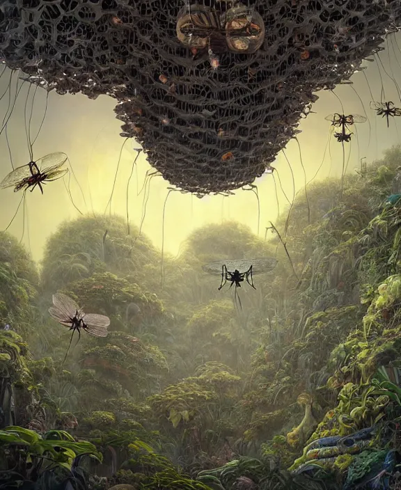 Prompt: a giant weird industrial plant hive made out of isopod dragonflies, in the style of a strange asymmetrical spaceship, overgrown with disturbing orchids, godbeams, partly cloudy, somber, dramatic lighting, by dan mumford, yusuke murata, makoto shinkai, ross tran, cinematic, unreal engine, cel shaded, featured on artstation, pixiv