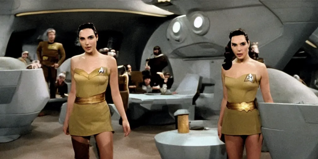 Prompt: a scene from Trouble with Tribbles, an episode of the original Star Trek series, with Gal Gadot, in Starfleet uniform, in the role of Captain Kirk