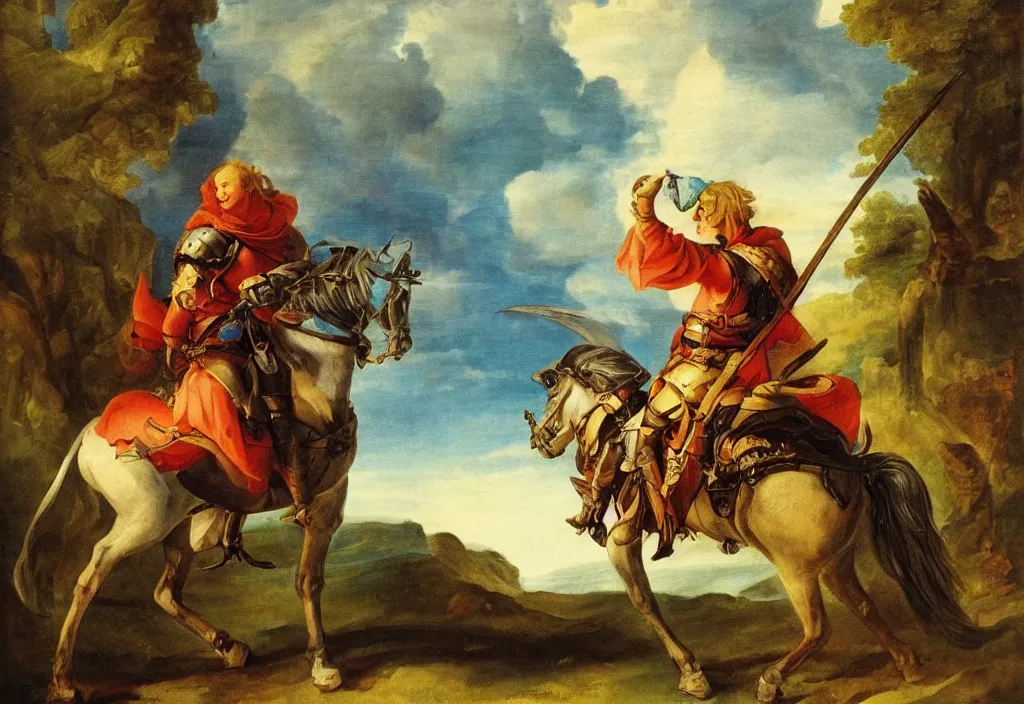 Image similar to a valiant knight on his way to adventure | high fantasy, colorful | Hyacinthe Rigaud