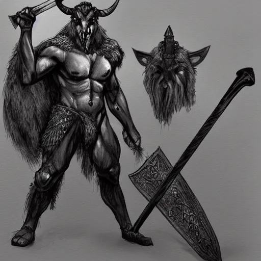 Image similar to a noble, fierce Minotaur warrior with black fur, carrying a battleaxe, fantasy drawing, concept design