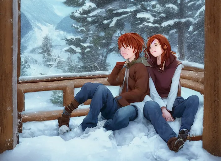 Image similar to a boy and a girl with long flowing auburn hair sitting together on the porch of a cabin on a mountain overlooking a snowy landscape. Atmospheric lighting, long shot, romantic, boy and girl are the focus, cold lighting, snowy. Anime. By Makoto Shinkai, Stanley Artgerm Lau, WLOP, Rossdraws, James Jean, Andrei Riabovitchev, Marc Simonetti, krenz cushart, Sakimichan, D&D trending on ArtStation, digital art.