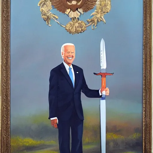 Image similar to oil painting of joe biden with a broadsword